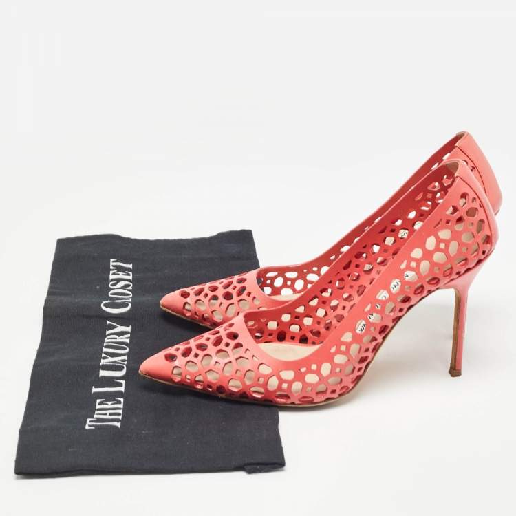 Pre Owned Manolo Blahnik Coral Pink Lasercut Leather BB Laserato Pumps Size 37