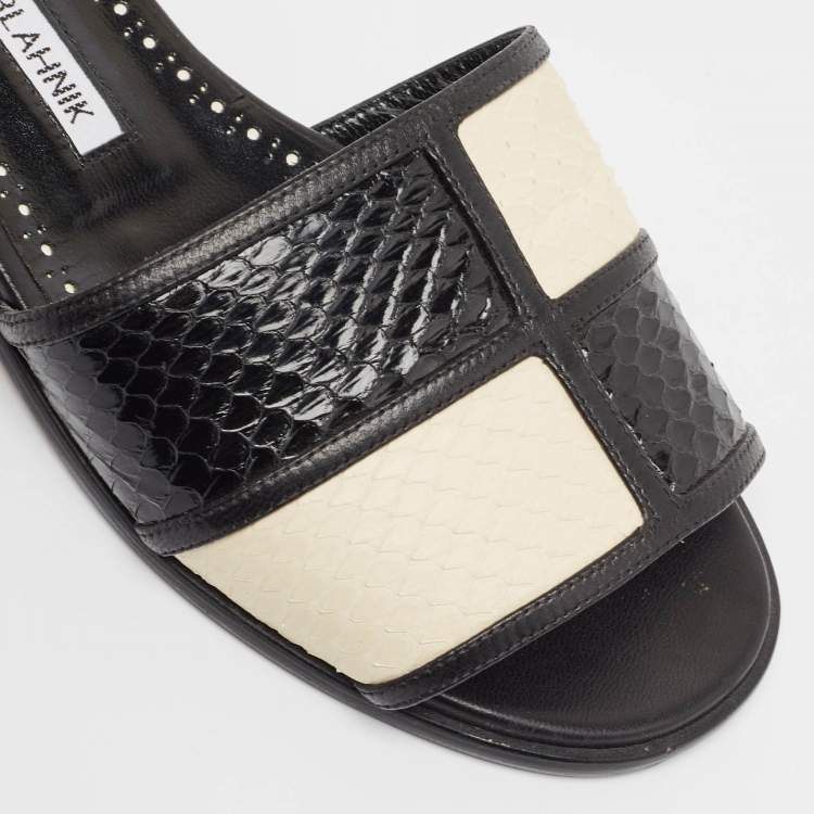 Pre Owned Manolo Blahnik Black/Cream Python Megacle Flat Slides Size 37.5