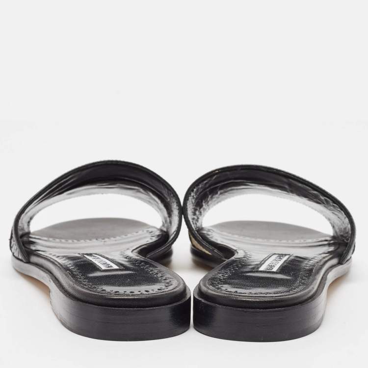 Pre Owned Manolo Blahnik Black/Cream Python Megacle Flat Slides Size 37.5