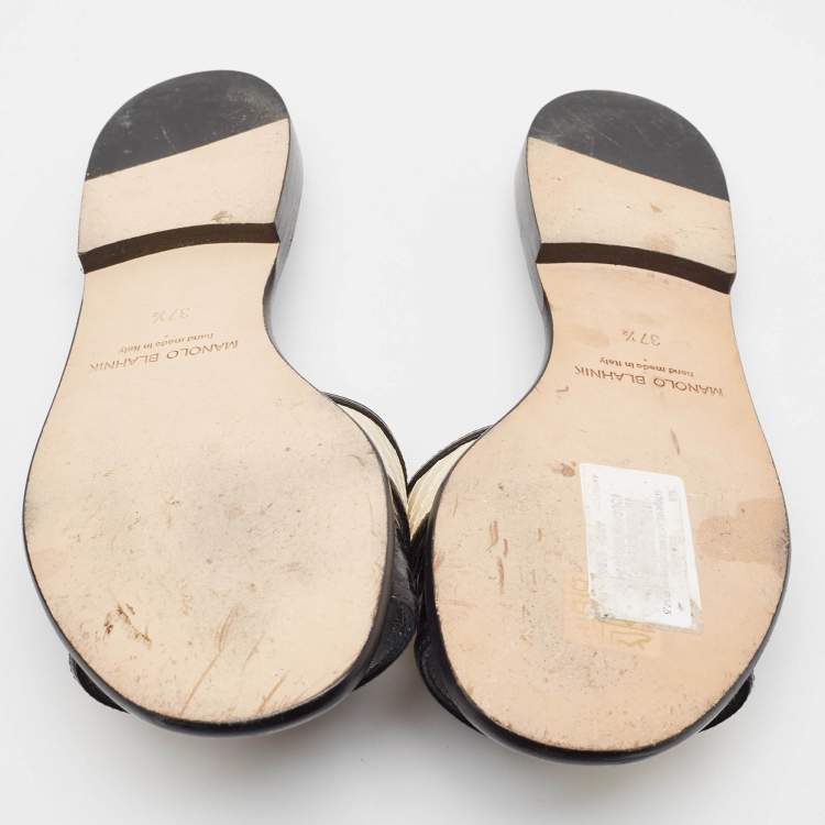 Pre Owned Manolo Blahnik Black/Cream Python Megacle Flat Slides Size 37.5