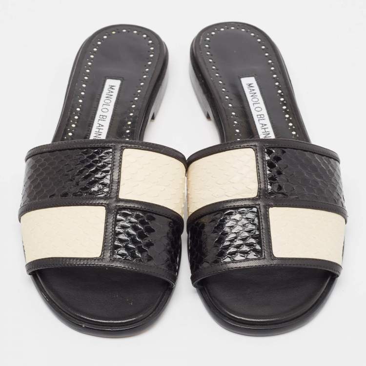 Pre Owned Manolo Blahnik Black/Cream Python Megacle Flat Slides Size 37.5
