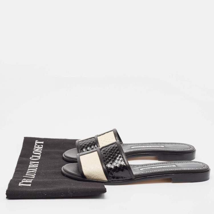 Pre Owned Manolo Blahnik Black/Cream Python Megacle Flat Slides Size 37.5