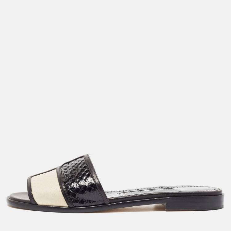 Pre Owned Manolo Blahnik Black/Cream Python Megacle Flat Slides Size 37.5