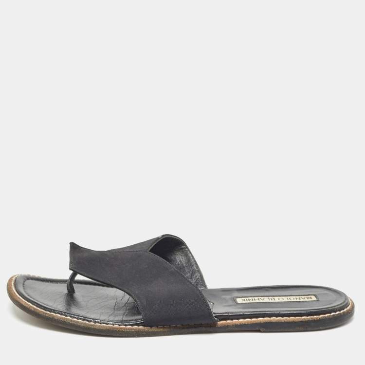 Pre Owned Manolo Blahnik Black Canvas Thong Flat Slides Size 37.5