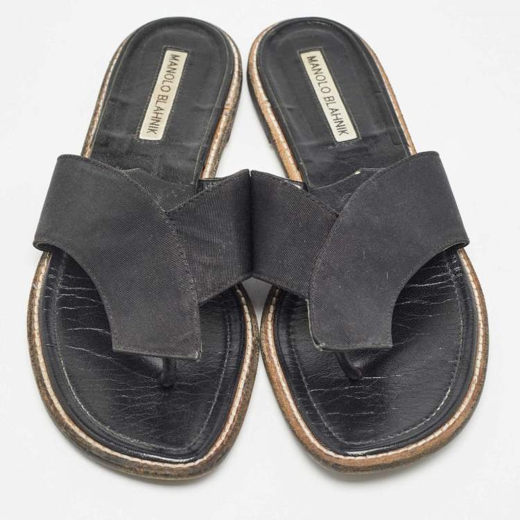Pre Owned Manolo Blahnik Black Canvas Thong Flat Slides Size 37.5