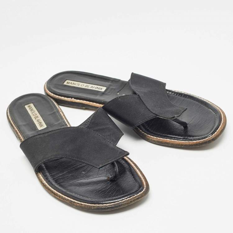 Pre Owned Manolo Blahnik Black Canvas Thong Flat Slides Size 37.5