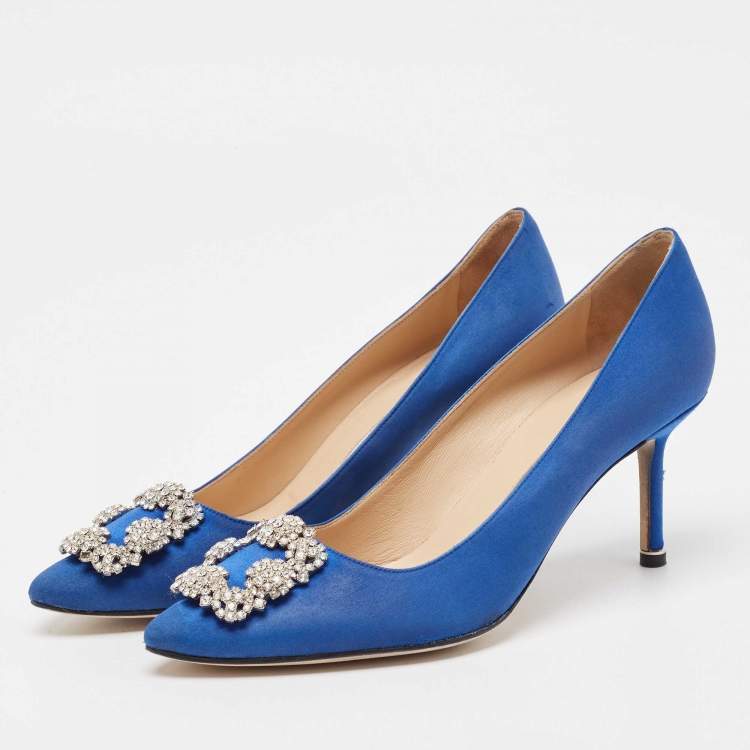 Pre Owned Manolo Blahnik Blue Fabric Hangisi Pumps Size 39.5