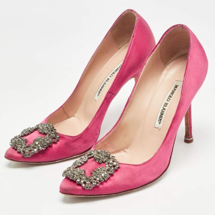 Pre Owned Manolo Blahnik Pink Satin Hangisi Pumps Size 37