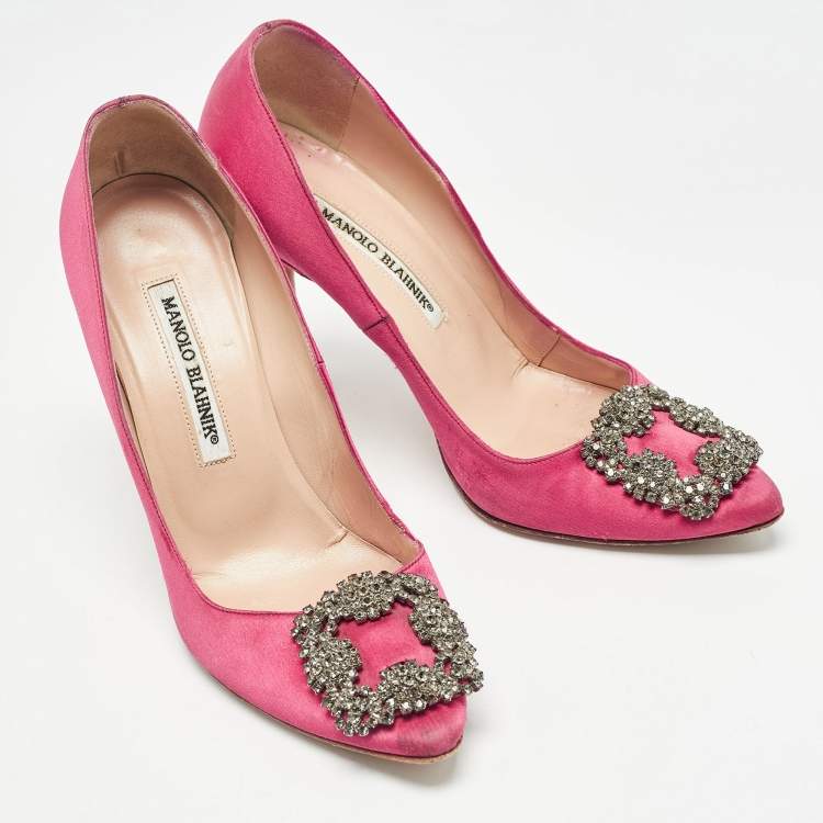 Pre Owned Manolo Blahnik Pink Satin Hangisi Pumps Size 37