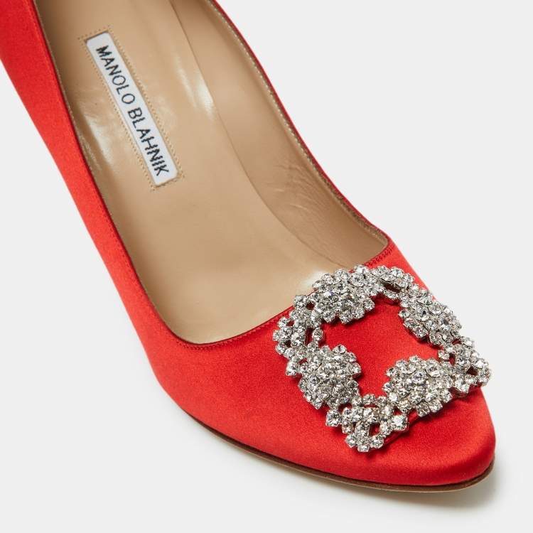 Pre Owned Manolo Blahnik Red Satin Hangisi Pumps Size 37.5