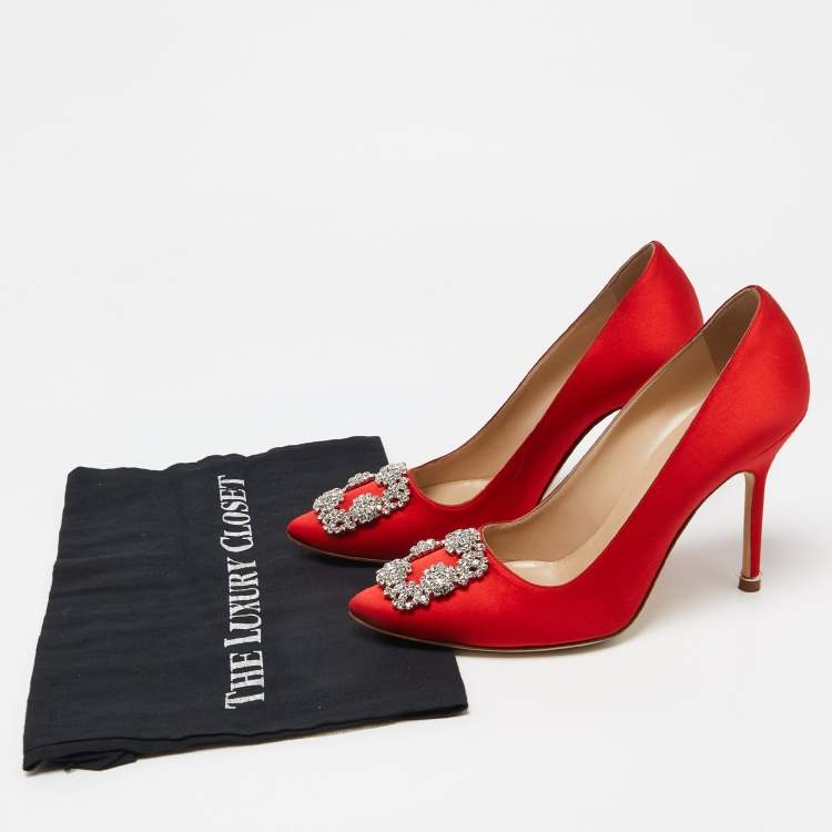 Pre Owned Manolo Blahnik Red Satin Hangisi Pumps Size 37.5