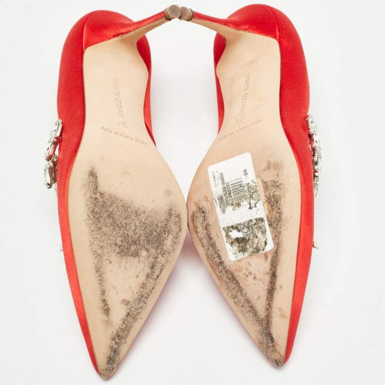 Pre Owned Manolo Blahnik Red Satin Nadira Pumps Size 34