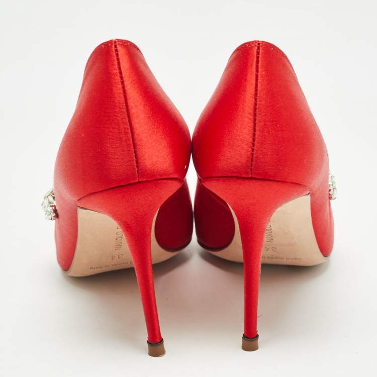 Pre Owned Manolo Blahnik Red Satin Nadira Pumps Size 34