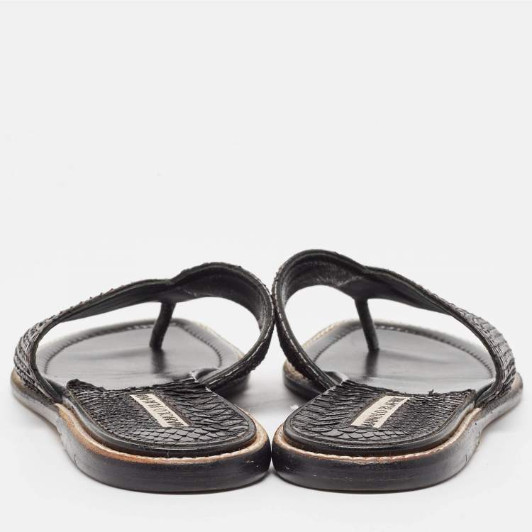 Pre Owned Manolo Blahnik Black Python Flat Slides Size 36.5