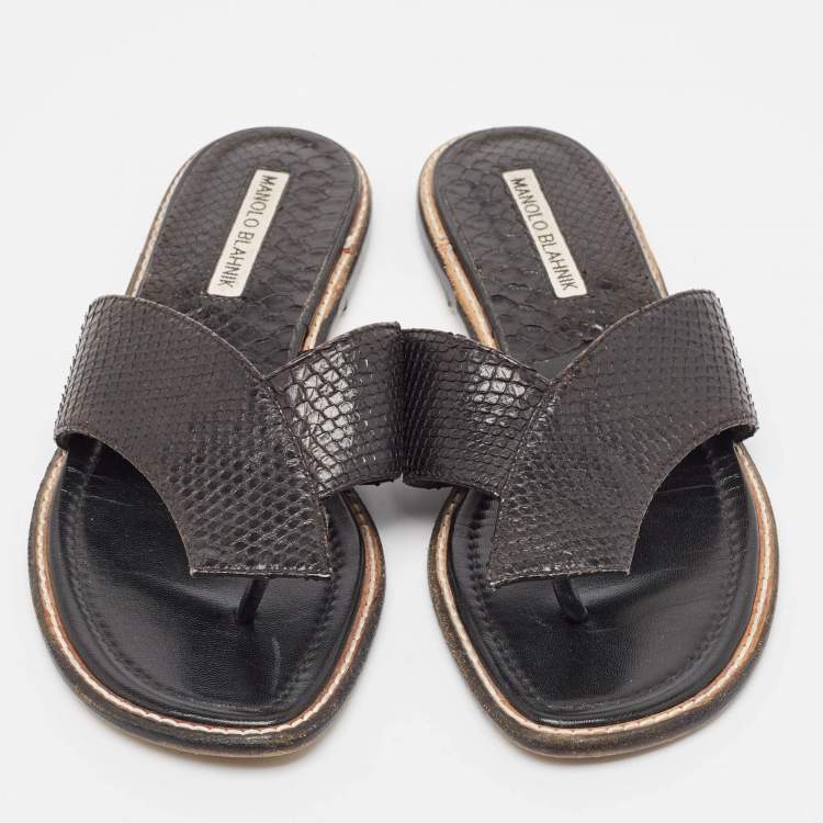 Pre Owned Manolo Blahnik Black Python Flat Slides Size 36.5