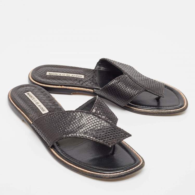 Pre Owned Manolo Blahnik Black Python Flat Slides Size 36.5
