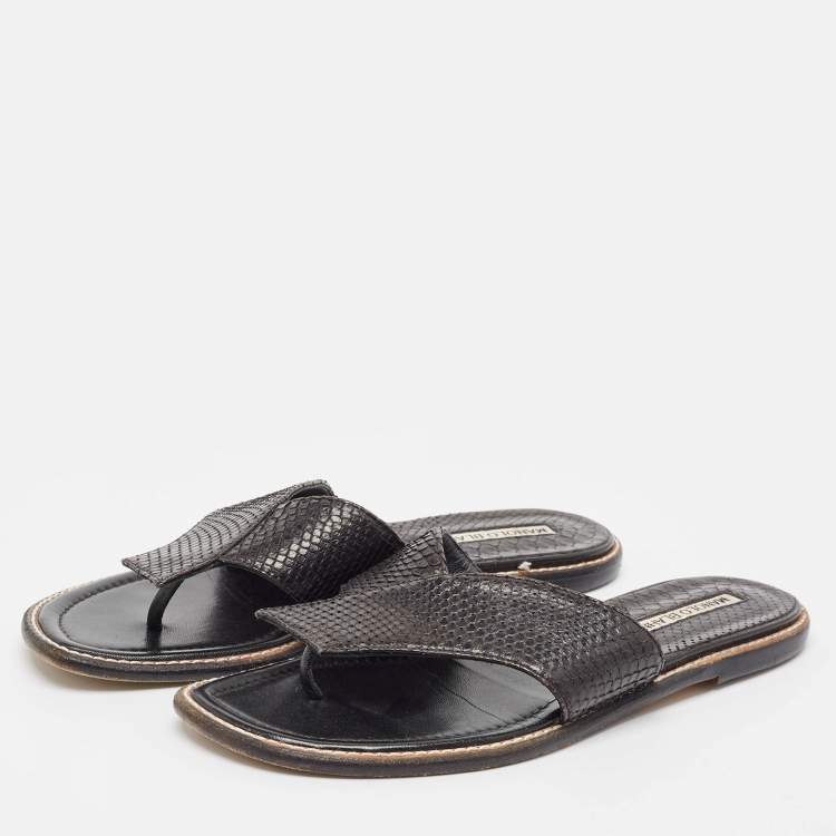 Pre Owned Manolo Blahnik Black Python Flat Slides Size 36.5