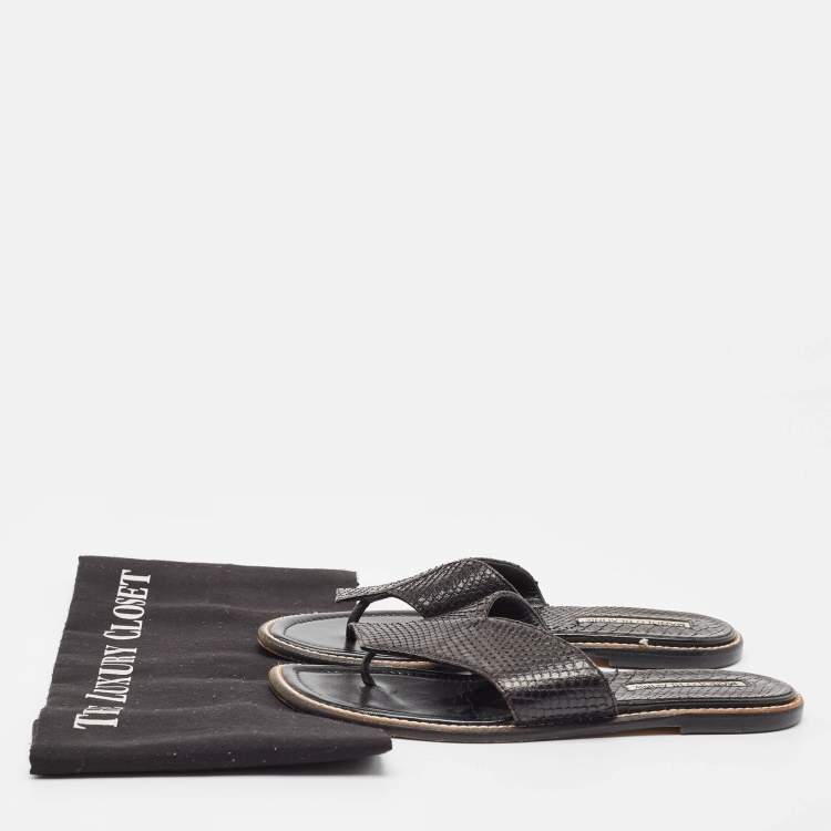 Pre Owned Manolo Blahnik Black Python Flat Slides Size 36.5