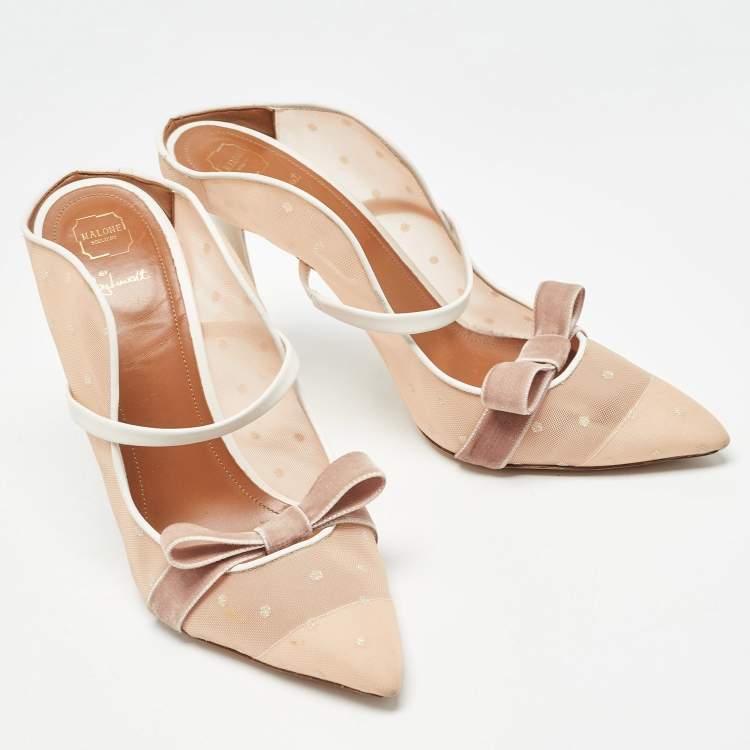 Pre Owned Manolo Blahnik Beige/White Mesh and Leather Marguerite Mules Size 41