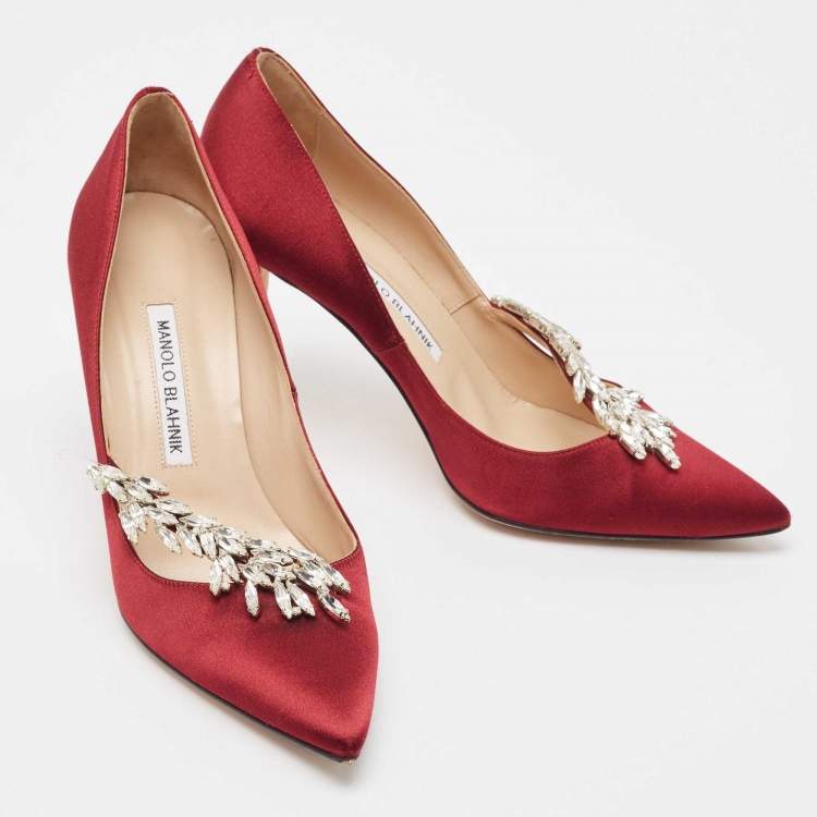 Pre Owned Manolo Blahnik Burgundy Satin Nadira Pumps Size 38