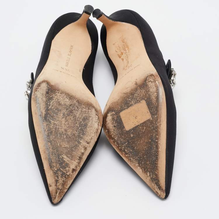 Pre Owned Manolo Blahnik Black Satin Verna Pumps Size 36.5