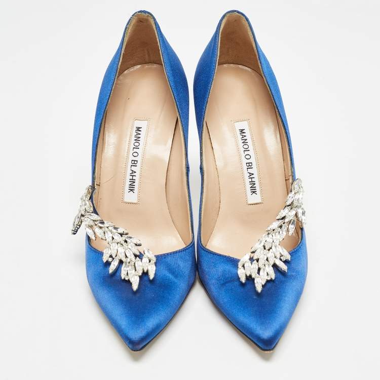 Pre Owned Manolo Blahnik Blue Satin Nadira Pumps Size 36.5
