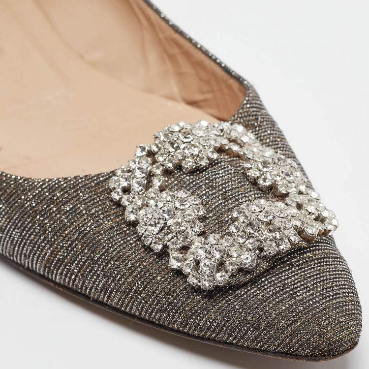 Pre Owned Manolo Blahnik Silver/Gold Glitter Hangisi Ballet Flats Size 40.5
