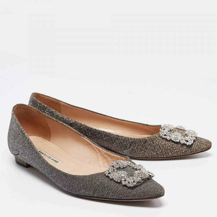 Pre Owned Manolo Blahnik Silver/Gold Glitter Hangisi Ballet Flats Size 40.5