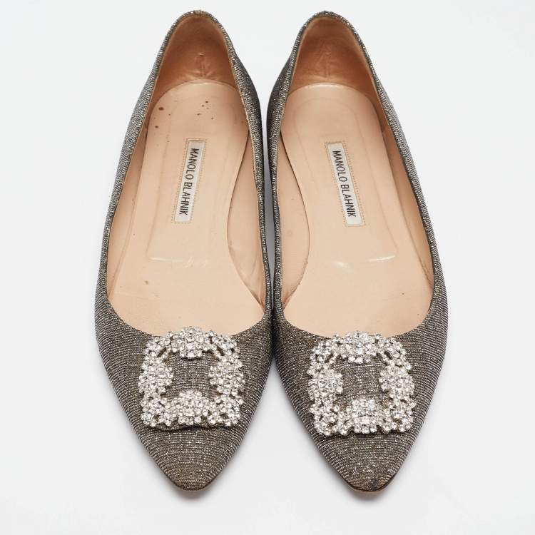 Pre Owned Manolo Blahnik Silver/Gold Glitter Hangisi Ballet Flats Size 40.5