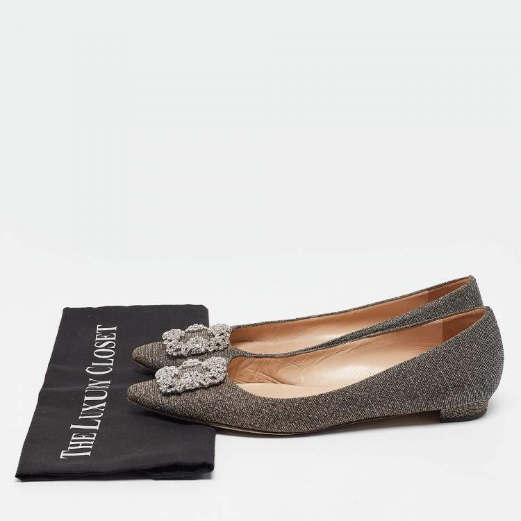 Pre Owned Manolo Blahnik Silver/Gold Glitter Hangisi Ballet Flats Size 40.5