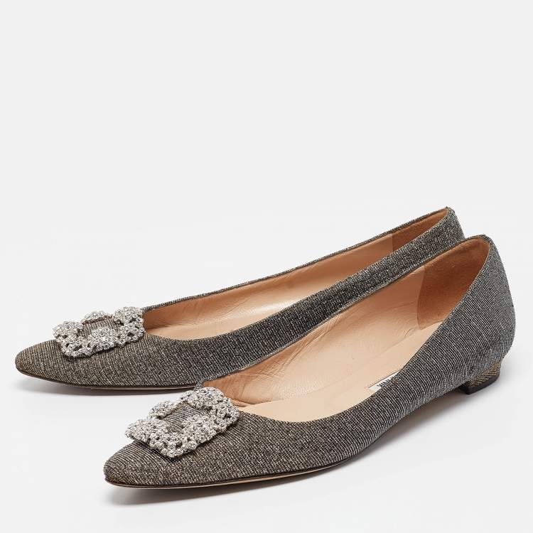 Pre Owned Manolo Blahnik Silver/Gold Glitter Hangisi Ballet Flats Size 40.5