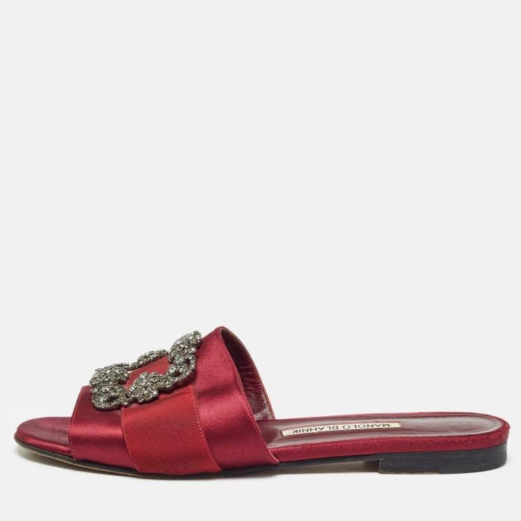 Pre Owned Manolo Blahnik Burgundy Satin Martamod Flat Slides Size 40.5