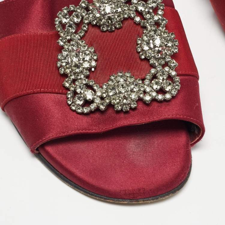 Pre Owned Manolo Blahnik Burgundy Satin Martamod Flat Slides Size 40.5