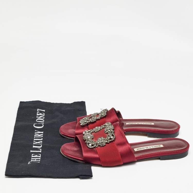 Pre Owned Manolo Blahnik Burgundy Satin Martamod Flat Slides Size 40.5