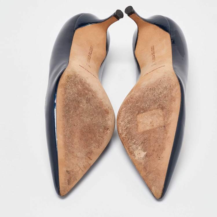 Pre Owned Manolo Blahnik Blue Patent Leather Pointed Toe Pumps Size 38