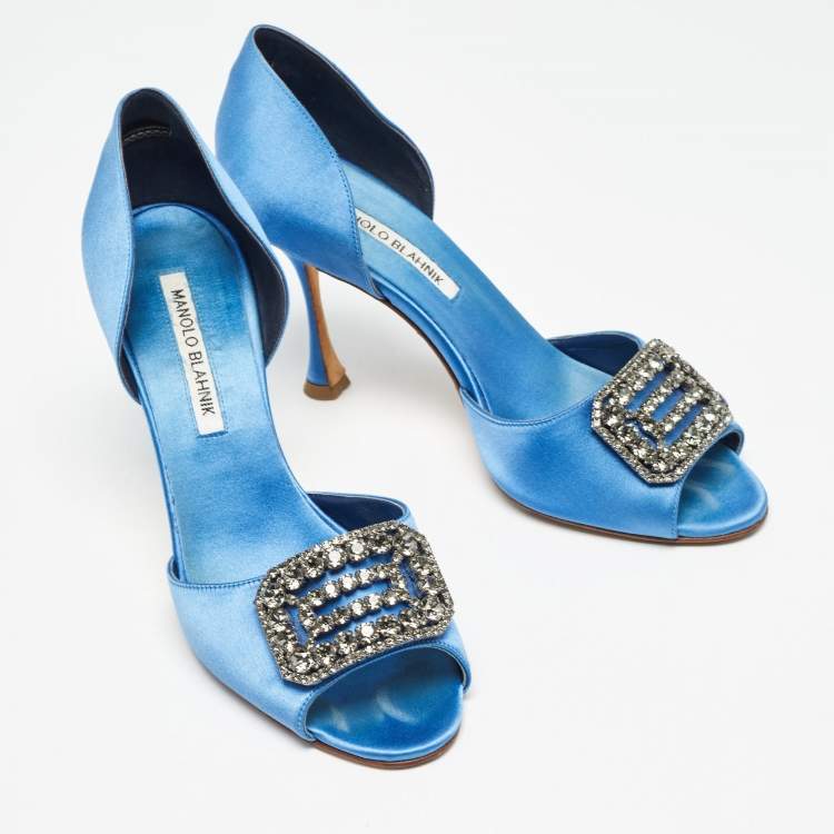 Pre Owned Manolo Blahnik Blue Satin Alicia D'orsay Pumps Size 38