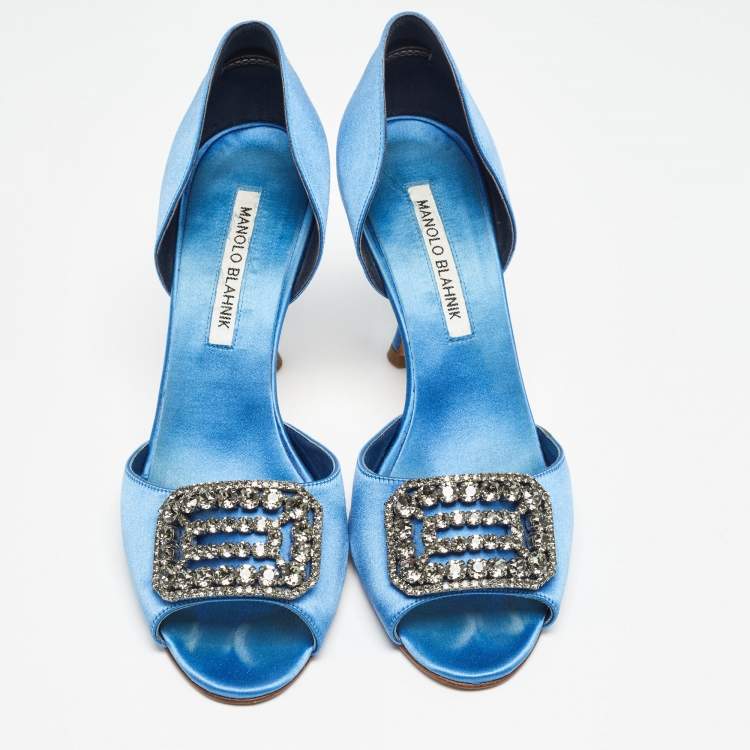 Pre Owned Manolo Blahnik Blue Satin Alicia D'orsay Pumps Size 38