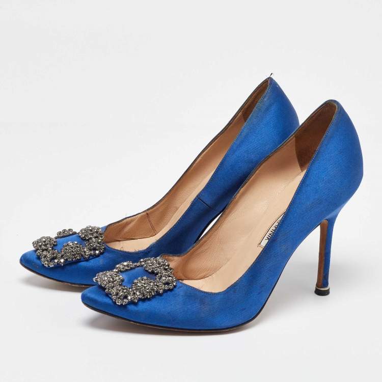 Pre Owned Manolo Blahnik Blue Satin Hangisi Pumps Size 36.5