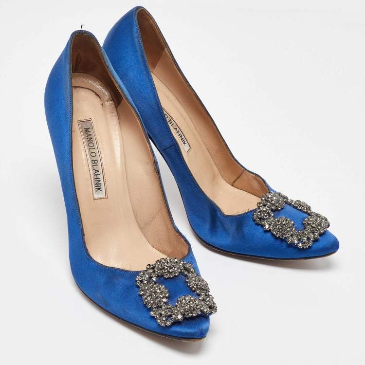 Pre Owned Manolo Blahnik Blue Satin Hangisi Pumps Size 36.5