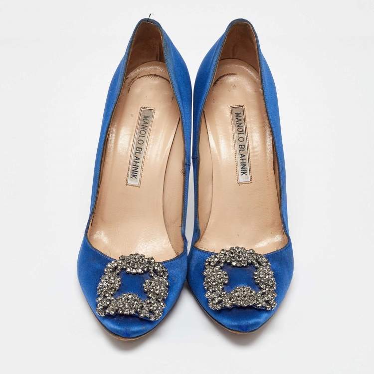 Pre Owned Manolo Blahnik Blue Satin Hangisi Pumps Size 36.5