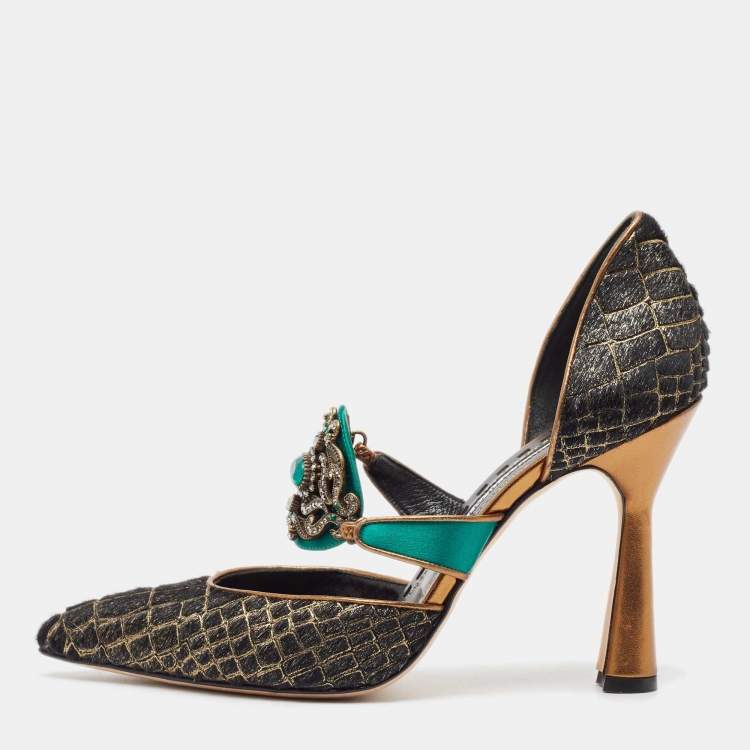 Pre Owned Manolo Blahnik Multicolor Calf Hair and Satin D'orsay Pumps Size 38.5
