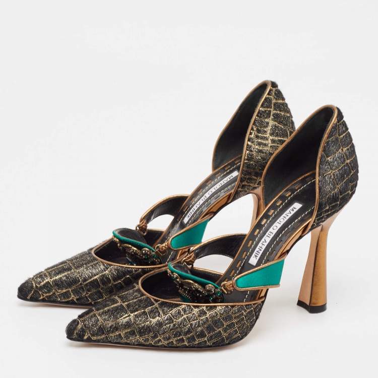 Pre Owned Manolo Blahnik Multicolor Calf Hair and Satin D'orsay Pumps Size 38.5