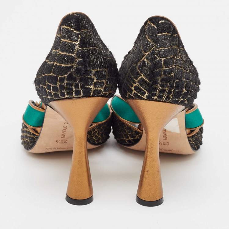 Pre Owned Manolo Blahnik Multicolor Calf Hair and Satin D'orsay Pumps Size 38.5