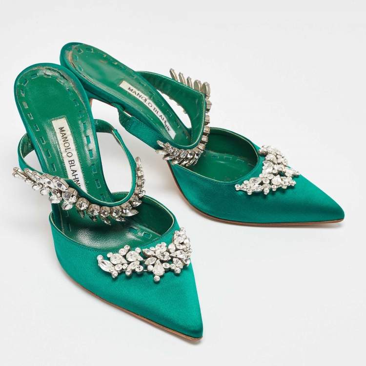 Pre Owned Manolo Blahnik Green Satin Lurum Heel Mules Size 38