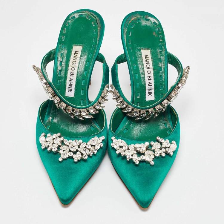 Pre Owned Manolo Blahnik Green Satin Lurum Heel Mules Size 38