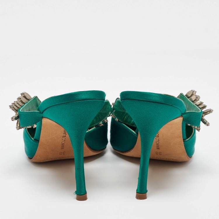 Pre Owned Manolo Blahnik Green Satin Lurum Heel Mules Size 38