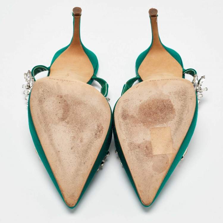 Pre Owned Manolo Blahnik Green Satin Lurum Heel Mules Size 38