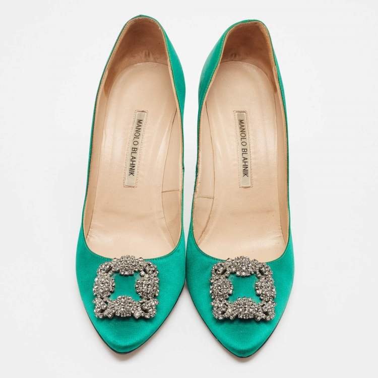 Pre Owned Manolo Blahnik Green Satin Hangisi Pumps Size 41