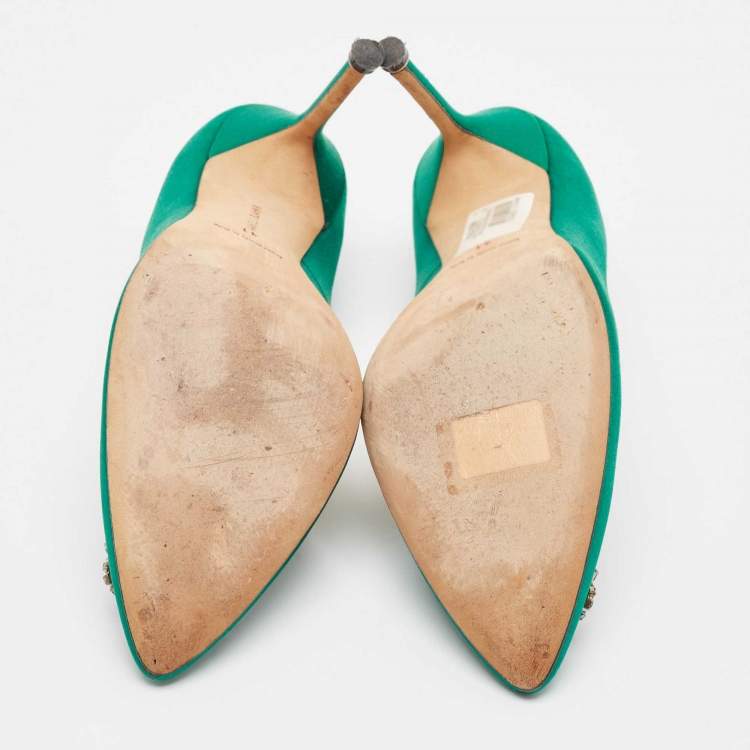 Pre Owned Manolo Blahnik Green Satin Hangisi Pumps Size 41