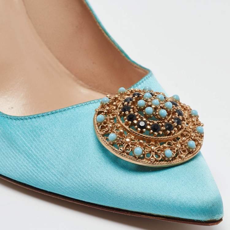 Pre Owned Manolo Blahnik Blue Satin Giuba Pumps Size 40